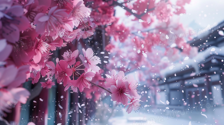 冬季雪中的盛开的粉色樱花树图片