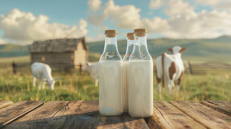 农场桌上的瓶装牛奶图片