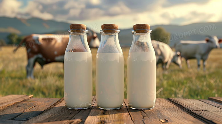 农场桌上的瓶装牛奶图片