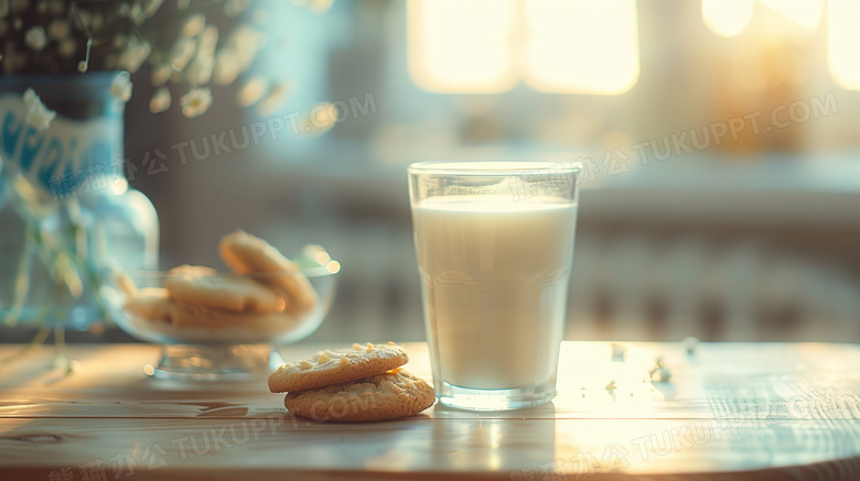 桌上的瓶装牛奶和饼干图片