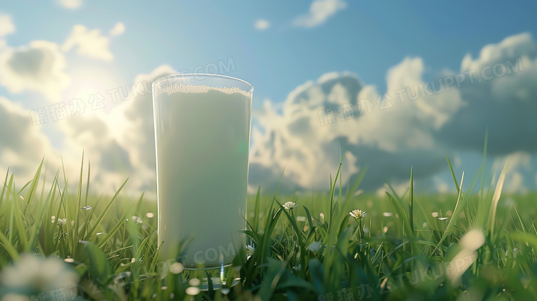 农场草地一杯牛奶图片