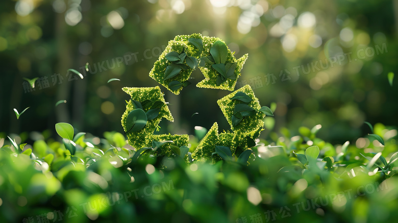 绿色森林上由绿叶制成的回收图标图片