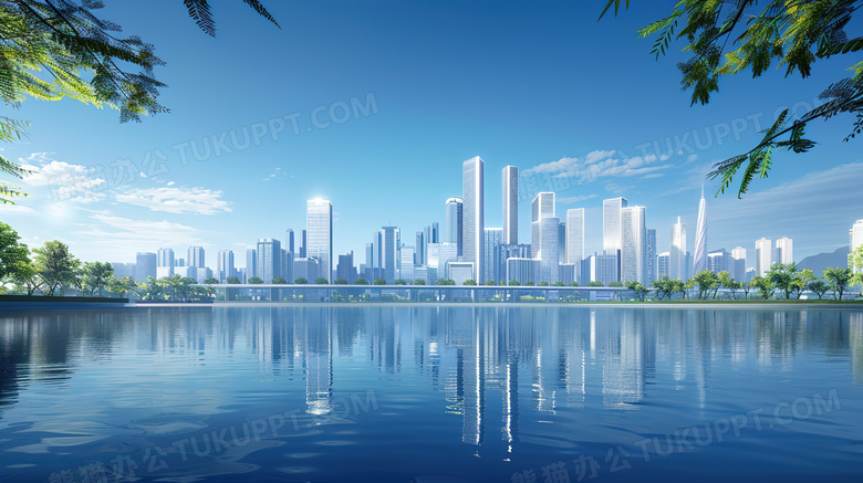 蓝色城市水面倒影风景图片