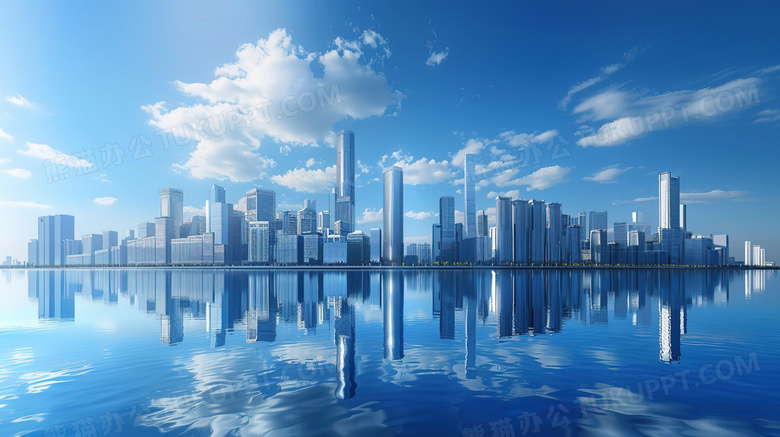 蓝色城市水面倒影风景图片