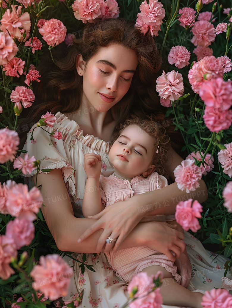 花丛中母亲抱着小女孩图片