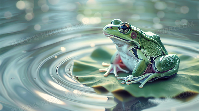 池塘荷叶是上的青蛙特写图片