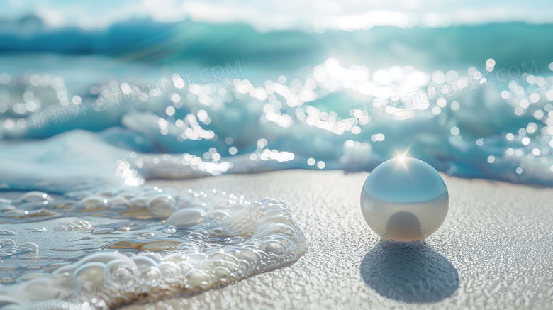海边沙滩浪花中的珍珠图片