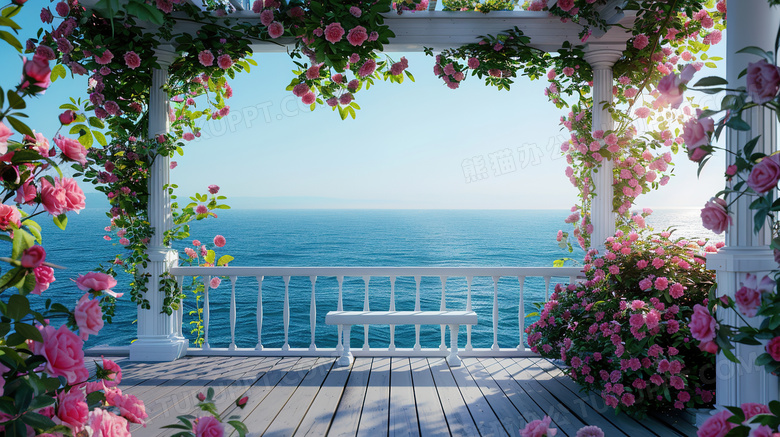 海边被粉色蔷薇包围着白色门口小院图片