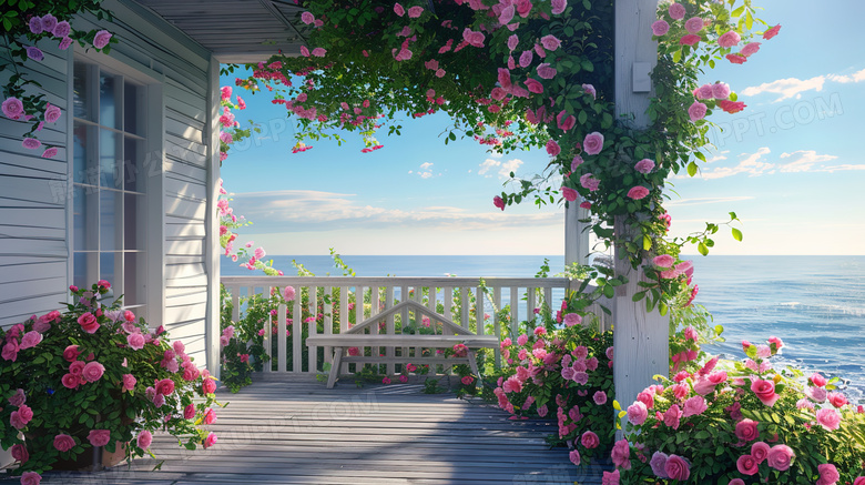 海边被粉色蔷薇包围着白色门口小院图片