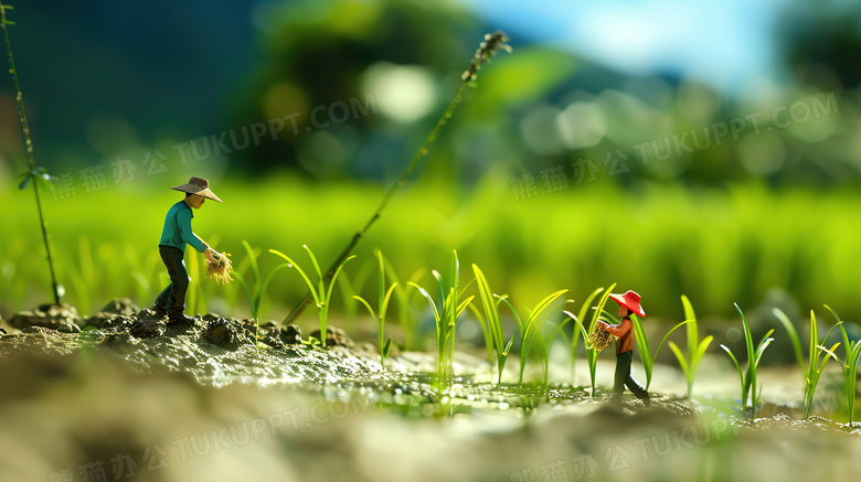 夏季水稻田里耕作的农民图片