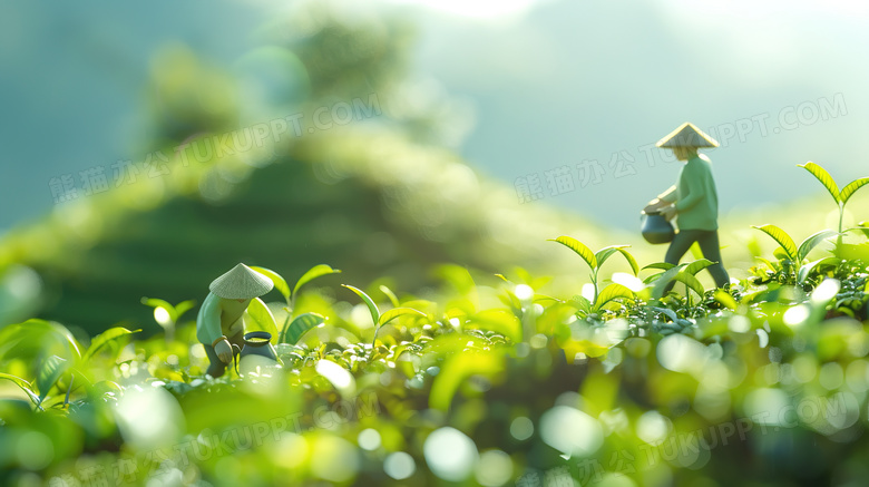 翠绿的茶园里采茶的茶农图片
