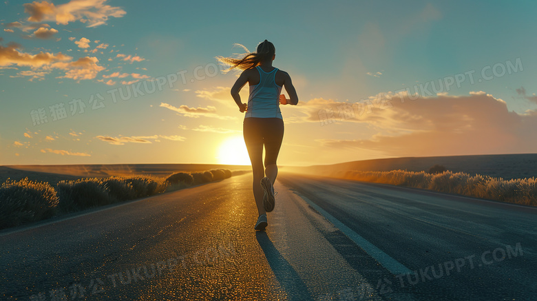 跑向远方夕阳的运动员背影图片