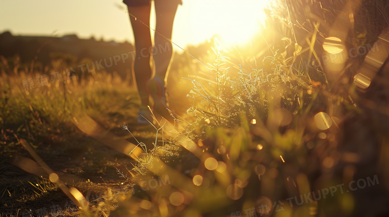 追逐夕阳的穿跑鞋跑步的双脚特写图片