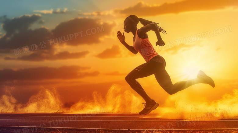 夕阳下奔跑的女运动员图片