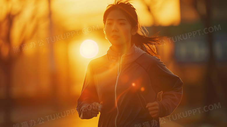 夕阳下奔跑的女运动员图片