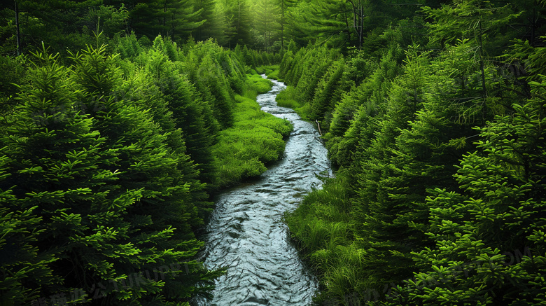 绿色森林林间小溪图片
