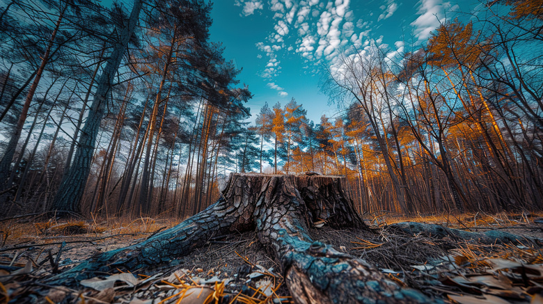 蓝天下森林中的树桩图片