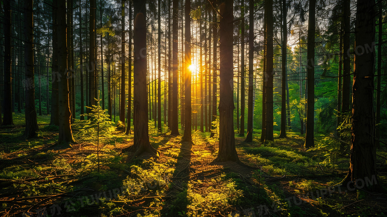 森林中透过的阳光光束图片