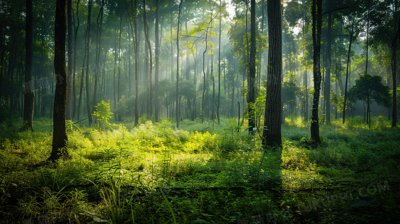 森林中透过的阳光光束图片