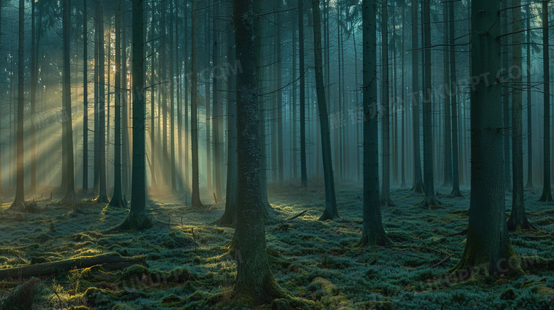 照射树林中的光束图片