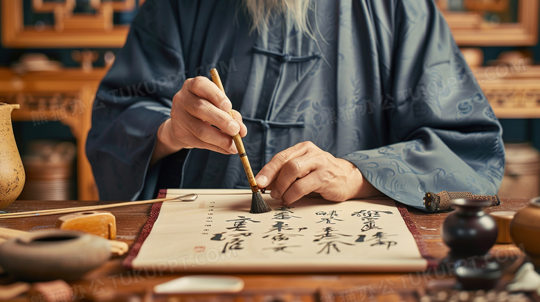 穿中山装练字局部特写