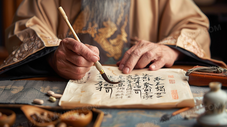 古代中医开药方手部特写