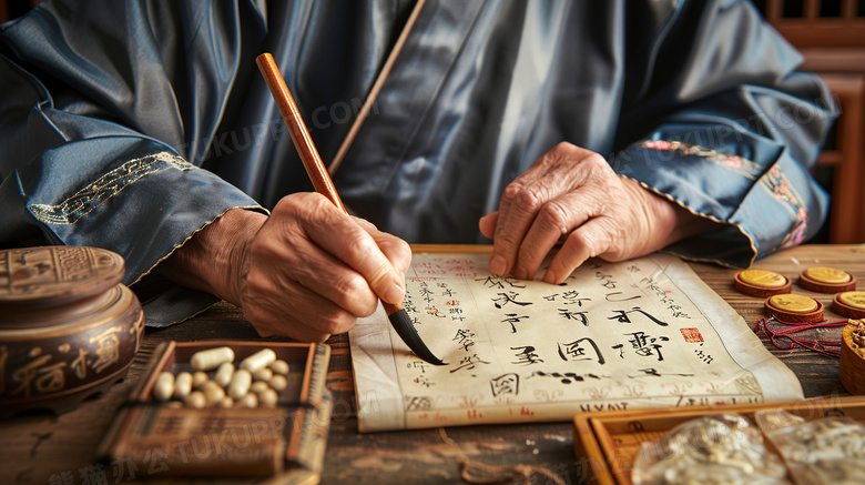 古代中医开药方手部特写