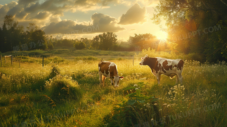 阳光草原的奶牛图片