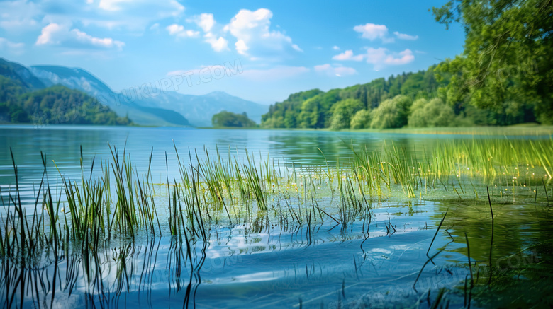 夏季蓝天下的山林湖泊图片