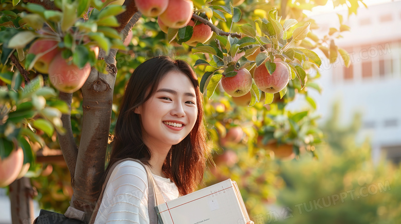 苹果树抱着书本的青年女孩图片