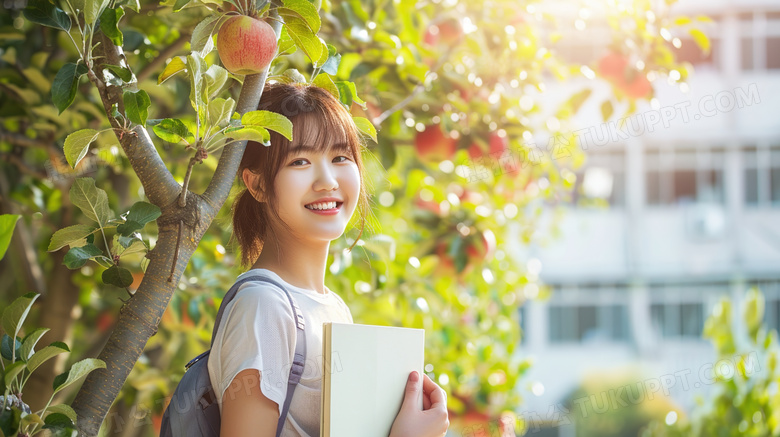 苹果树抱着书本的青年女孩图片