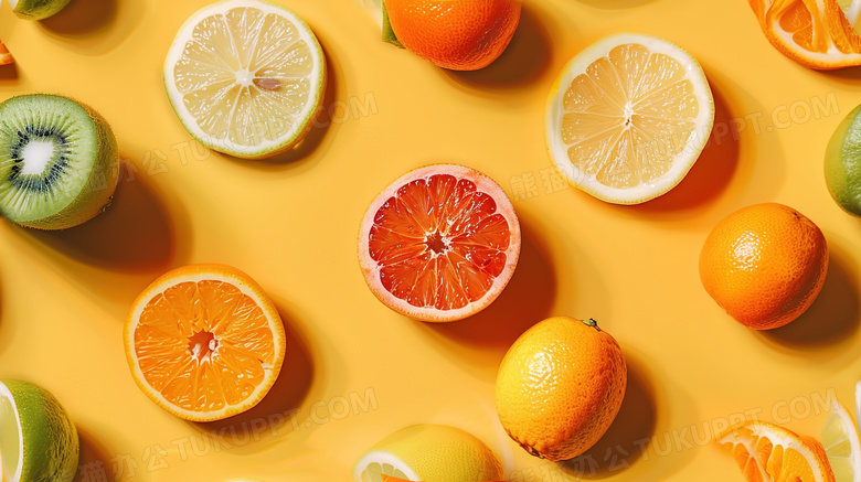 桌面上的夏季水果西柚柠檬图片
