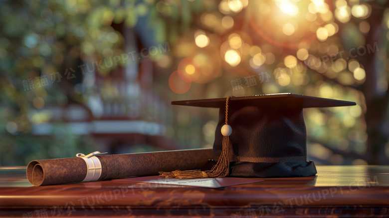 桌上的学士帽与毕业证书图片