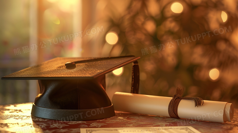 桌上的学士帽与毕业证书图片