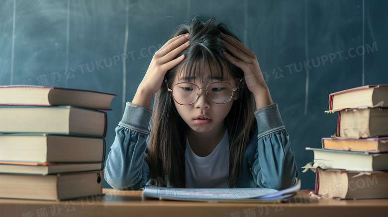 桌面学习苦恼的女孩图片