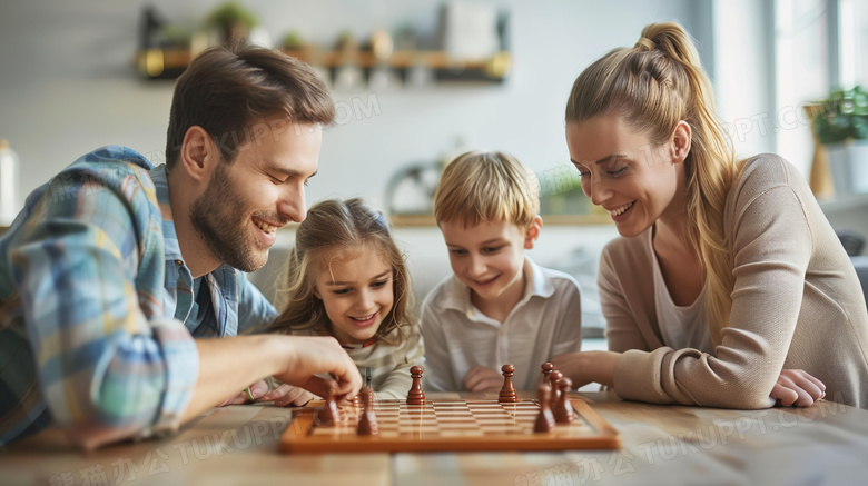 父母陪伴孩子下棋图片