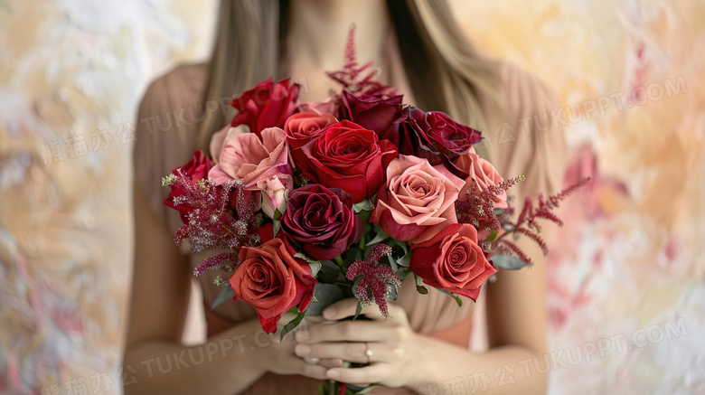 女孩双手拿着玫瑰花束图片