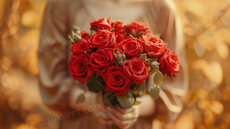 女孩双手拿着玫瑰花束图片