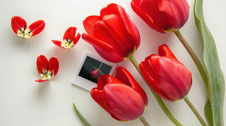 桌面上的红色郁金香相片图片