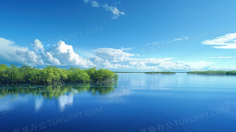 唯美蓝天白云湖面风景图片