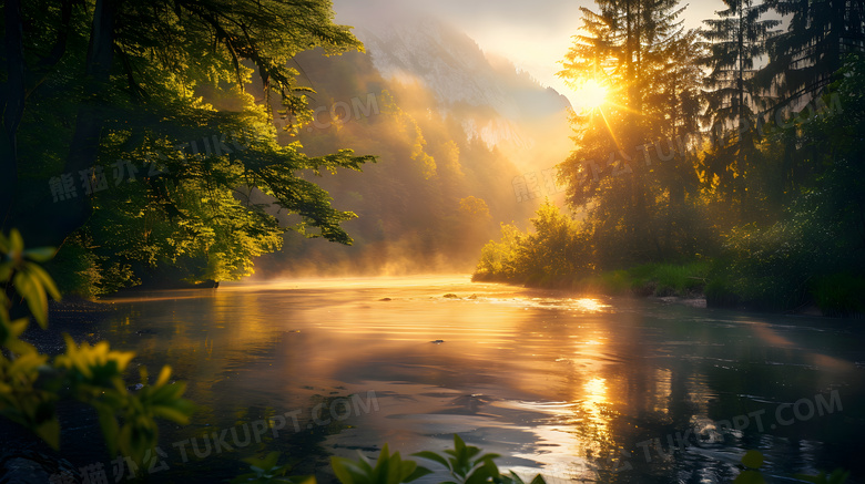 春天森林阳光河流清晨唯美高清图片