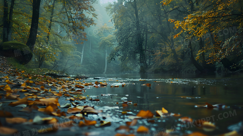 秋天森林阳光河流清晨唯美高清图片