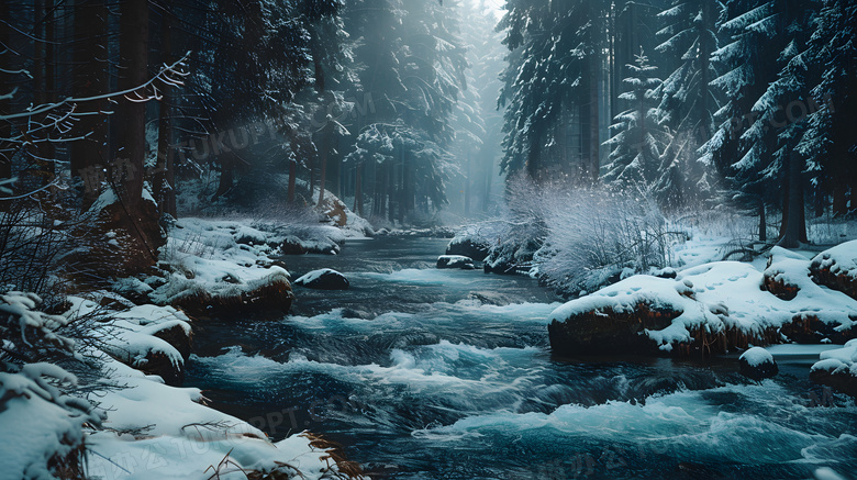 冬天森林河流清晨风景高清图片