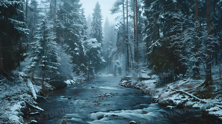 冬日森林河流清晨风景高清图片