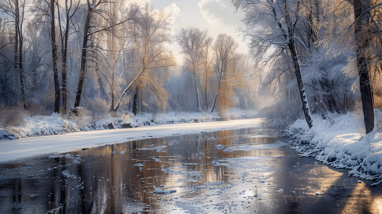 冬日森林阳光河流清晨绿色唯美高清图片
