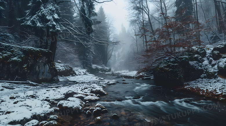 冬日森林雪景落叶小溪河流冰雪唯美高清图片
