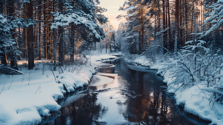 冬日森林雪景落叶小溪河流冰雪唯美高清图片