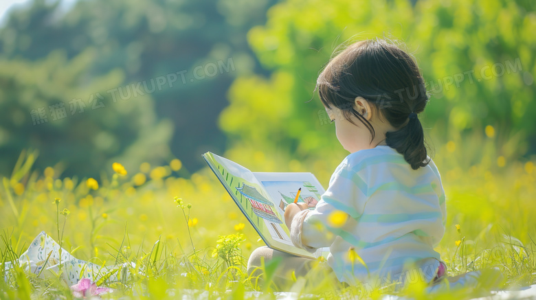 坐草地绘画的小女孩图片