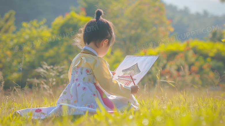 坐草地绘画的小女孩图片