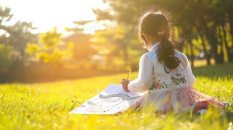坐草地绘画的小女孩图片